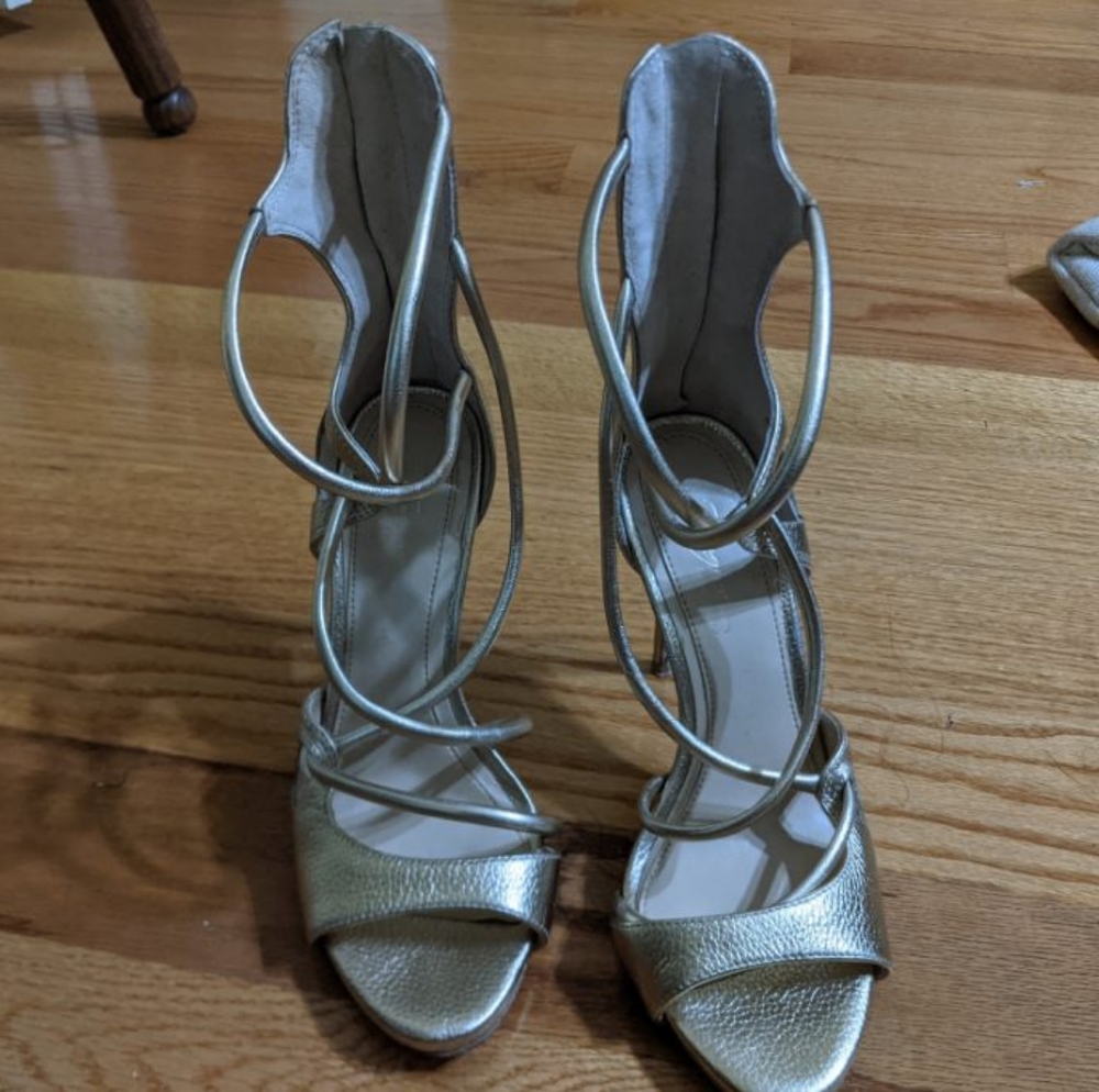 Vince Camuto gold, strappy heeled sandals